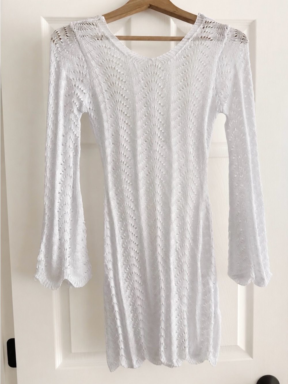 Falechay XS White  Knit Cover Up Dress Bell Sleeve Beach Boho Sheer Viscose